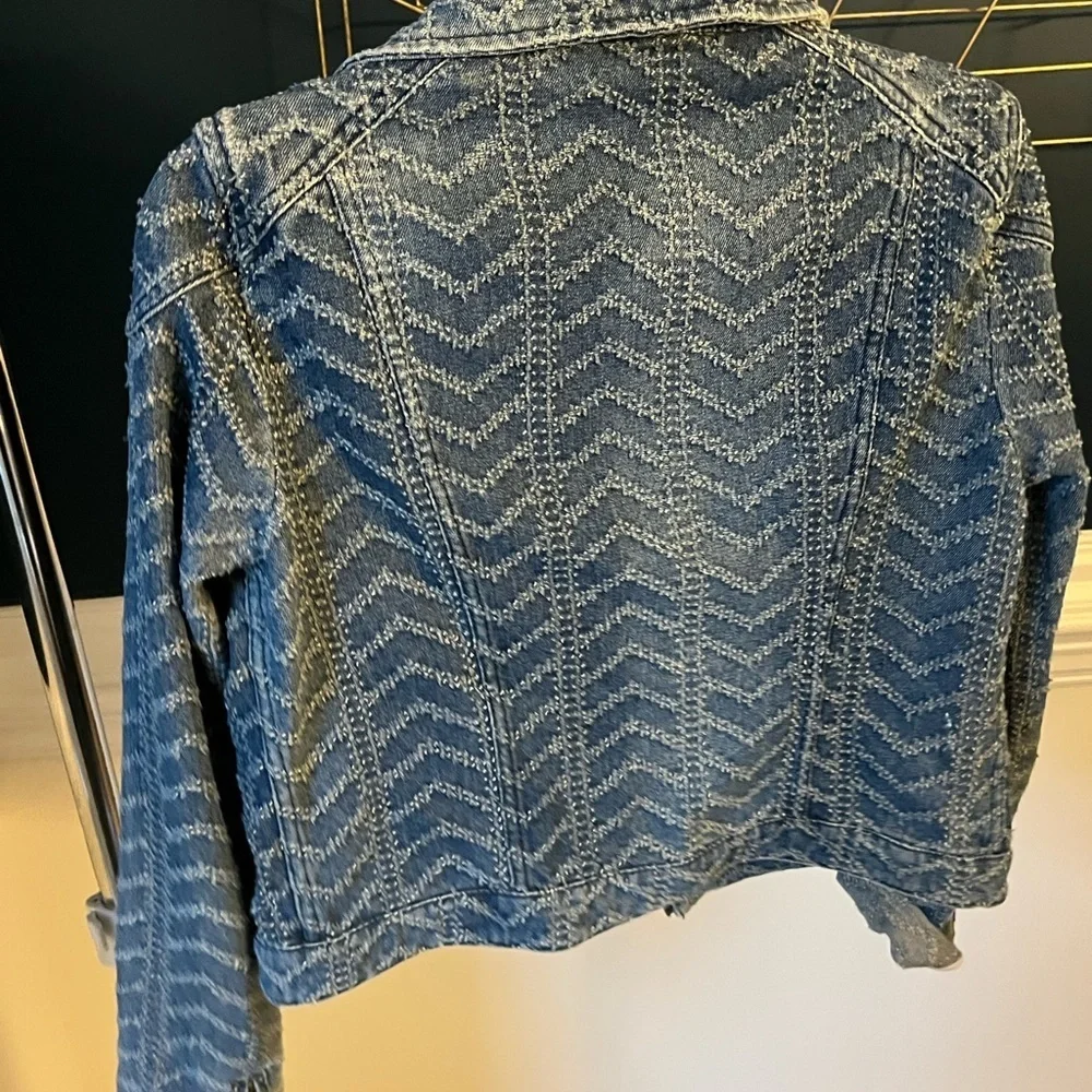 Free People Blue Patterned denim moto biker Jacket 4 - Picture 3 of 4